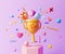 3D Trophy cup with floating gift, heart and geometric shapes on purple background, celebration, winner, champion and reward concep