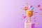 3D Trophy cup with floating gift, heart and geometric shapes on purple background, celebration, winner, champion and reward concep