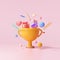 3D Trophy cup with floating gift, heart, ribbon and geometric shapes on pink background, celebration, winner, champion and reward