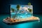 3D tropical escape Isometric beach, smartphone, palm trees, and azure cross section ocean