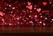 3D Valentine`s Day background with wooden table looking out to a bokeh hearts light design