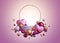 3d, Valentines day gold round frame. Candy, balls, hearts isolated on pink background. Blank podium, empty pedestal, showcase