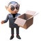 3d vampire dracula character opens a cardboard box enigmatically, 3d illustration