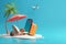 3D vector, deck chairs for sitting, beach umbrella and coconut tree with suitcases, plane taking off, summer vacation concept