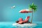 3D vector, deck chairs for sitting, beach umbrella and coconut tree with suitcases, plane taking off, summer vacation concept