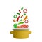 3D vector design of a pot with a mixture of vegetables, meat and spices on an isolated background.