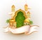 3d vector mosque, dome patterned window, lantern and palm trees united by ribbon as beautiful decoration for ramadan and eid al
