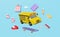 3d vehicle for transport student float isolated on blue background.  yellow school bus cartoon sign icon, accessories with