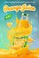 3D Vertical banner with 3D realistic advertising of orange juice, a bottle in a splash of orange juice among the splashes and a