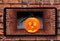 3D view of old tunnel with brick wall, dry ivy and glowing halloween mandarin on wooden table