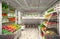 3d visualization of food store. The interior in the loft style