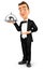 3d waiter standing with restaurant cloche