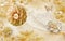 3d wallpaper golden jewelry flowers and butterflies on roses background