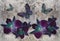 3d wallpaper, orchids and butterflies on lace, concrete wall textured background. The fresco effect