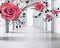 3d wallpaper red jewelry flowers with black branches on gray tunnel background