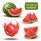 3d watermelon. Water melon slice and whole, summer red juice food, natural berry logo, piece of fruit in splash