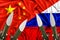 3d waving flag of People Republic of China and Russia Russian Federation