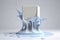3D white background. Pedestal podium with water splash swirl in studio. Blue liquid fresh flow with display