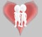 3d white character , couple togheter , heart shape background