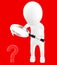 3d white character holding a magnifier in hands and looking question mark through it