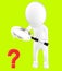 3d white character holding a magnifier in hands and looking question mark through it