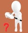 3d white character holding a magnifier in hands and looking question mark through it