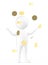 3d white character standing and raising both hands when golden coin,s falls