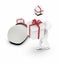 3d white character walking along with a large wrapped gifts in his hands near to a sack of gifts