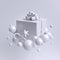 3d white Christmas background, wrapped square gift box decorated with festive ornaments. Snow balls, candy cane, stars.