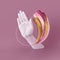 3d white female mannequin hand wearing ring decorated with golden shimmer smears isolated on pink background, body part, fashion