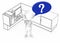 3d white guy with question mark in speech bubble standing inside a office cubicle