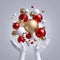 3d white mannequin hands holding Christmas ornaments, red and gold balls, stars and candy cane. Seasonal festive clip art,