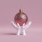 3d white mannequin hands holding rose gold Christmas tree ball ornament, isolated on pink background. Holiday commercial concept.
