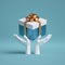 3d white mannequin hands holding wrapped gift box with golden ribbon bow. Seasonal festive clip art, isolated on blue background.