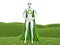 3d white people ecological superhero with recycle sign on grass