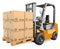 3D white people. Forklift with a pallet