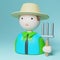 3d white people. Gardener, farmer with a rake in a hat. 3d illustration