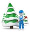 3D white people. Lumberjack with axe at snow covered fir forest