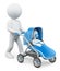 3D white people. Man pushing a baby stroller