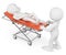 3D white people. Nurse carrying a patient on a stretcher