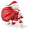 3D white people. Santa Claus running with big bag full of gifts