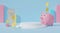 3d white podium on pastel blue background abstract. Pink piggy bank coins falling. Online money mobile cartoon. 3d rendering for