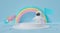 3d white podium on pastel blue background abstract. Rainbow with astronaut kid and rocket ship. 3d rendering for pedestal winner,