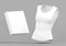 3D White women t-shirt and cardboard box mockup, angle view. Luxury sleeveless tank top with round crew, sport wear for