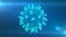 3D wireframe of a single coronavirus particle on a blue background