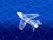 3D wireframe of warplane flies over a sea