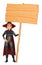 3D Witch with a blank wooden poster. Halloween