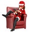 3D Woman christmas superhero sitting on a sofa with a tablet