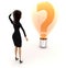 3d woman confused , looking at question mark on bulb concept