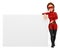 3D Woman masked superhero leaning on a blank poster